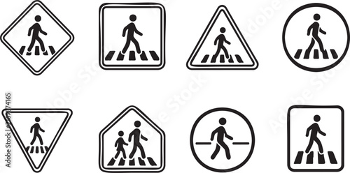 pedestrian crossing warning sign icon set collection, pedestrian safety symbols minimal outline icon collection, crosswalk traffic warning signs black outline icon set pack