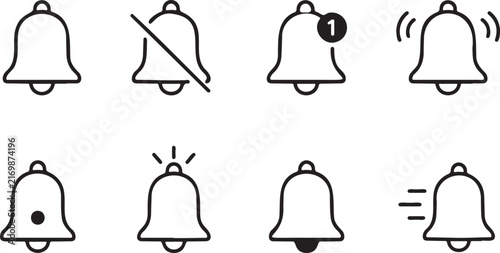 notification bell icon set collection design and alert, bell alert notification symbols minimal icon collection, alarm bell icons black outline collection pack set