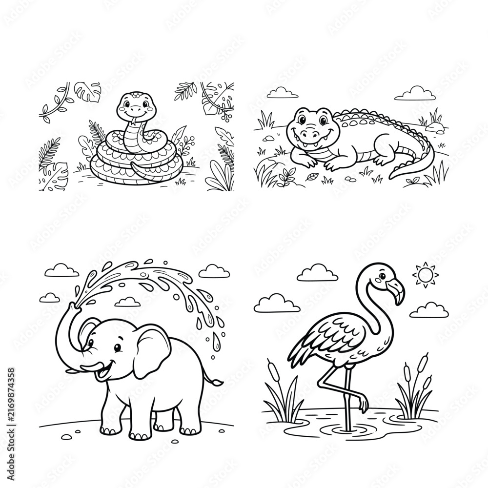 Obraz premium Cute Wild Animal Coloring Pages Featuring A Snake And A Crocodile In Detailed Line Art Format.
