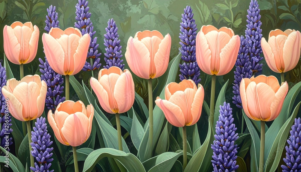 Beautiful Spring Garden with Peach Tulips and Purple Lavender Flowers