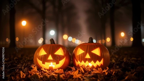Two glowing jackolanterns in a foggy park