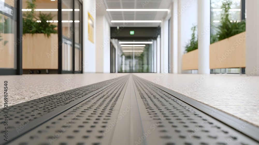 Naklejka premium A low angle view of tactile paving strips running down a modern office hallway with glass walls and indoor plants