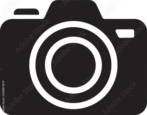 Black camera icon design with circular lens feature for photography and digital imaging.
