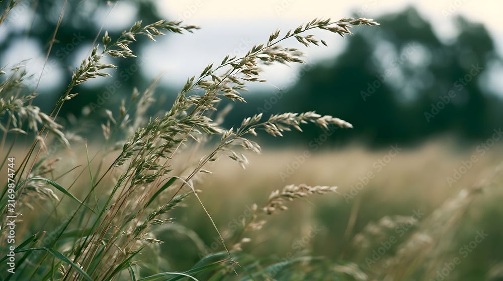 Fototapeta premium Tall grasses sway gently in a sunlit meadow with soft focus background and natural color tones