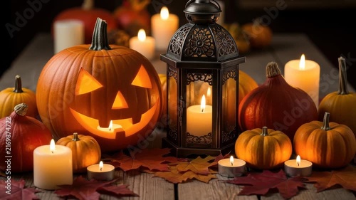 Autumnal halloween table setting with pumpkins and candles