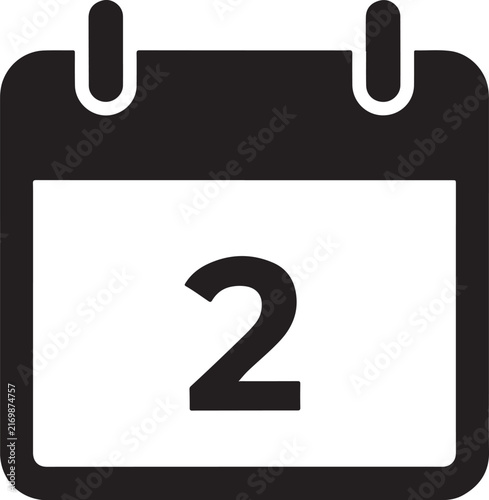 Black calendar icon with day two digit number for event scheduling and date reminder ui.