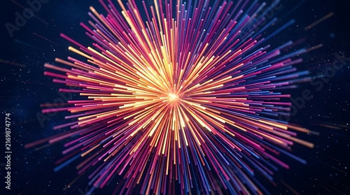 Abstract explosion of colorful light rays and particles