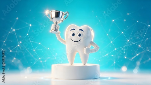 Cheerful anthropomorphic cartoon tooth character holding a shiny silver champion trophy while standing on a bright white pedestal against a vibrant glowing blue digital background