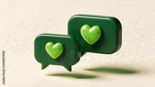 Glossy green speech bubbles with heart icons float gracefully above a textured cream surface creating an elegant minimal 3d rendered composition for social media communication concepts