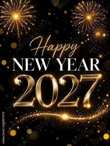 Happy new year 2027 greeting card design with golden metallic numbers and bright glowing firework explosions on a dark black background for a festive holiday celebration party