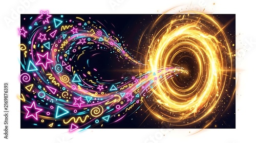 Abstract cosmic portal with glowing neon geometric shapes and swirling light trails, vibrant energy vortex with stars and patterns on a dark background