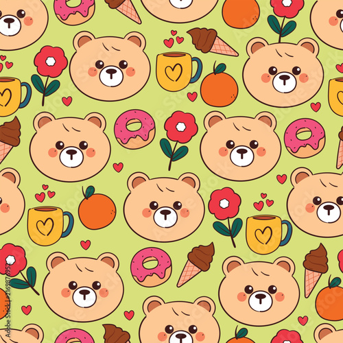 cute seamless pattern hand drawn cartoon bear with flower and dessert