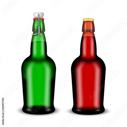 The green glass bottle with swing top closure and brown glass bottle with crown cap Realistic vector 3d blank mockup for craft brewery packaging, beverage advertising, and menu branding.
