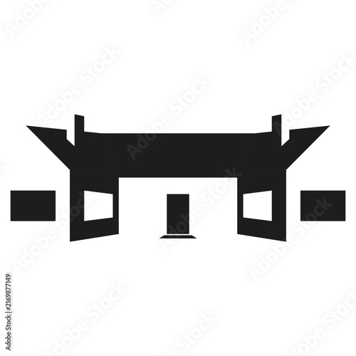 Modern silhouette house logo wide creative residence facade with isometric symmetrical architectural roof lines, real estate negative space style icon.