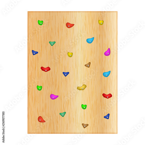 Realistic vector illustration of a wooden climbing wall with colorful holds for indoor bouldering gym promo, adventure park poster, and sports training facility background.