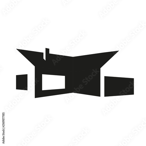 Isometric silhouette house logo negative space style, modern villa facade with a butterfly roof and garage for real estate agency, construction firm identity, architectural studio or cottage design