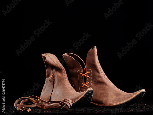 Obraz na płótnie Vintage Viking Leather Shoes. Knight ancient boots