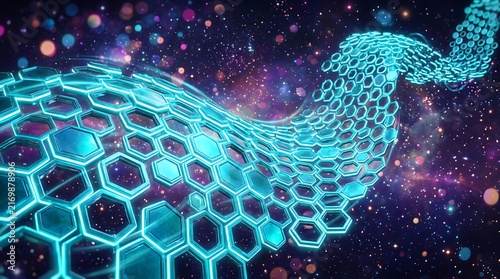 Abstract digital background with glowing blue hexagonal grid structure floating in deep space with colorful bokeh particles
