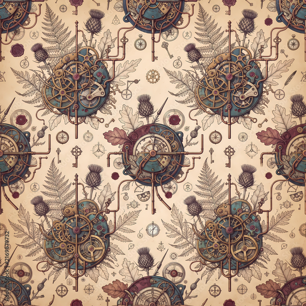 Naklejka premium Steampunk Botanical Clockwork Seamless Pattern