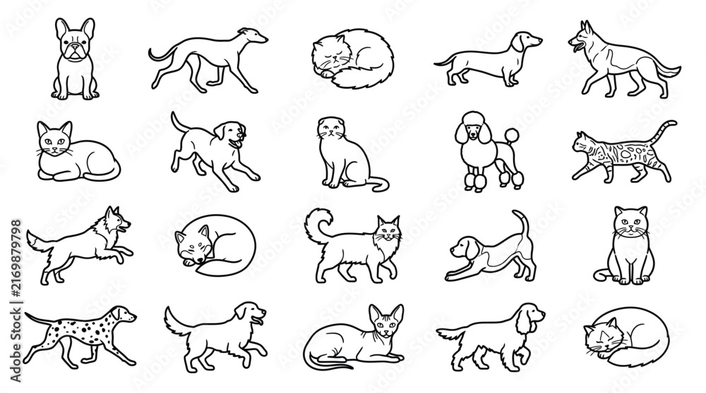 Fototapeta premium Collection of dog and cat line art illustrations in various poses