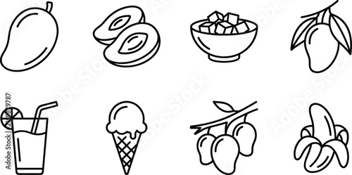 Foto Minimalist Mango and Banana Fruit Line Art Icon Set Featuring Slices Cubes Juice