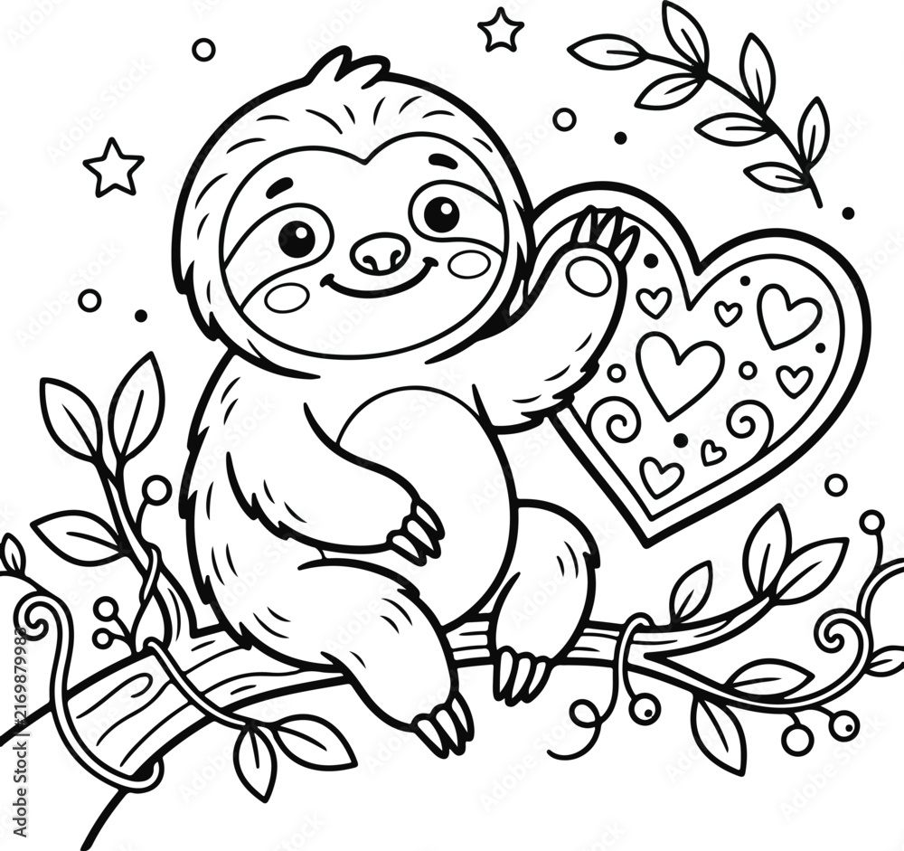 Naklejka premium Cute cartoon sloth sitting on a branch holding a decorative heart, coloring page for kids