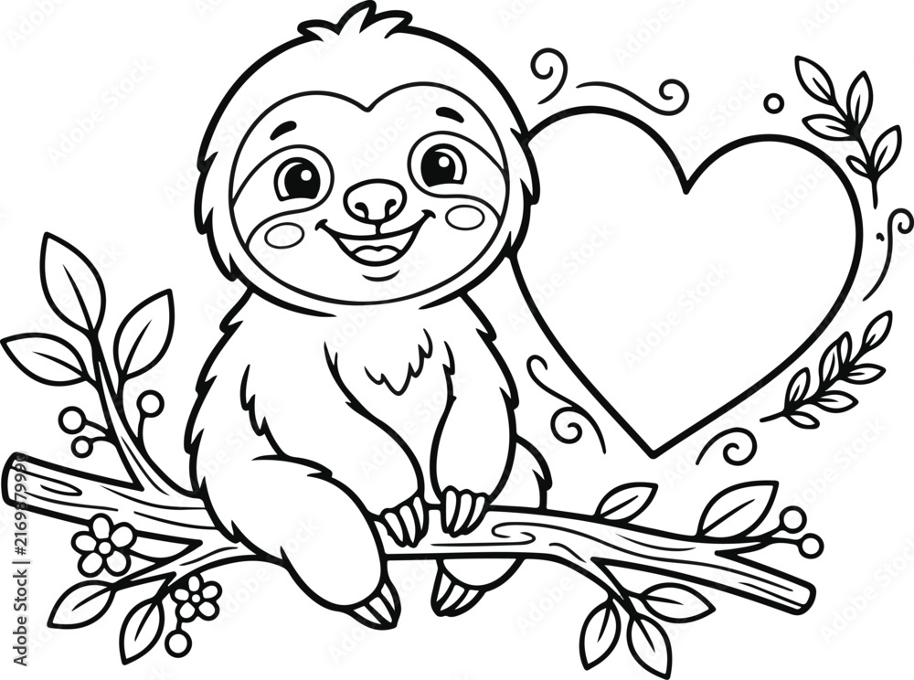 Naklejka premium Cute cartoon sloth sitting on a tree branch next to a large heart, coloring page for kids