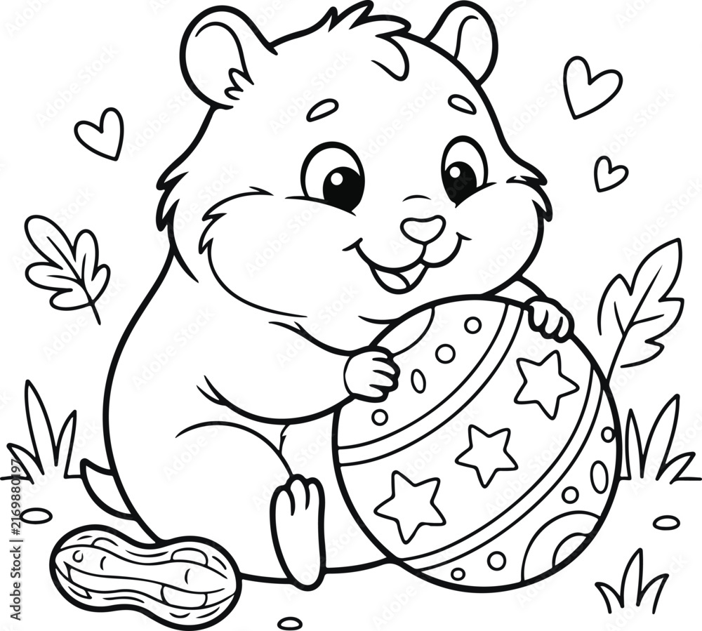 Obraz premium Cute hamster holding a star patterned ball with a peanut nearby