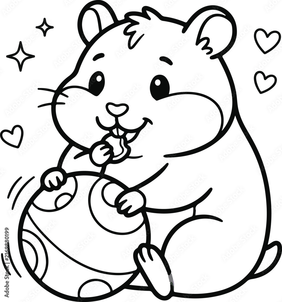 Obraz premium Cute cartoon hamster eating a snack and holding a patterned ball