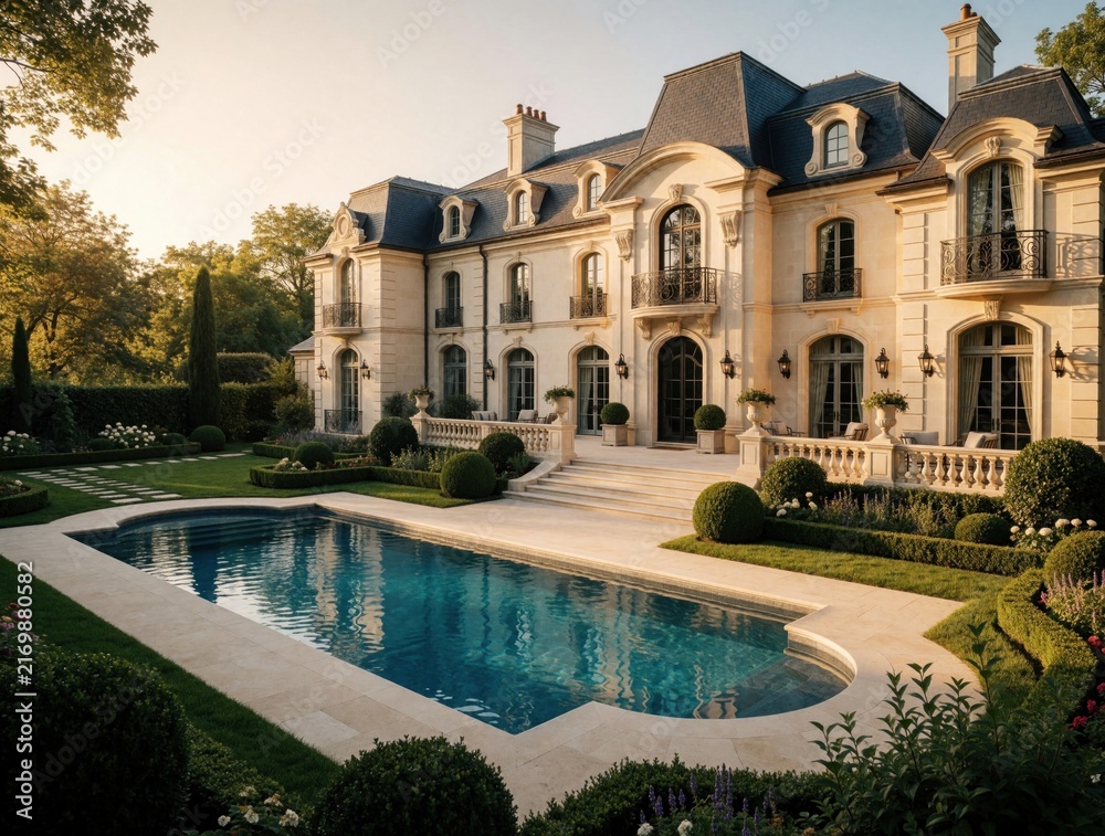 Obraz premium Grand mansion with blue pool and manicured garden. Elegant estate features ornate architecture, lush landscaping, and sunny sky. Perfect for luxury real estate