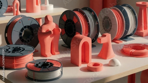 Obraz na płótnie 3D printing filament spools and plastic prototypes on a workshop table