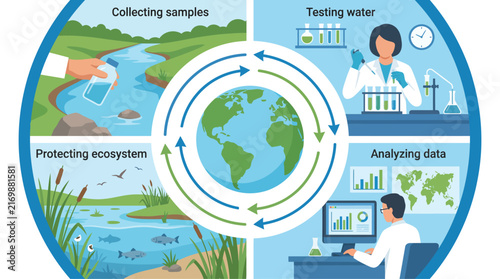 River ecosystem water quality monitoring process cycle diagram