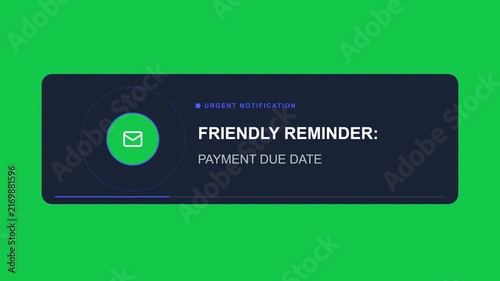 Digital Notification Banner for Payment Due Date Reminder with Envelope Icon on Chroma Key Green Screen
