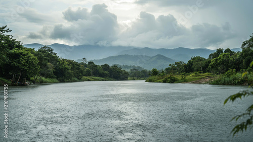 Wide river winding through lush green forest with distant misty mountains