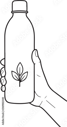 A hand holds a bottle with a stylized leaf emblem.