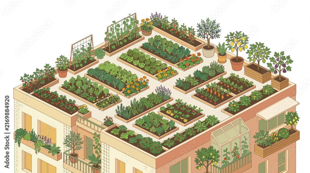 Fototapeta premium Isometric Rooftop Garden with Vegetables and Fruit Trees
