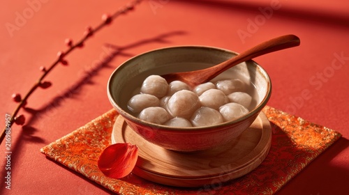 Traditional sweet rice dumplings in a bowl with a spoon on a red festive background. Perfect image for Asian food culture and Lunar New Year celebrations.