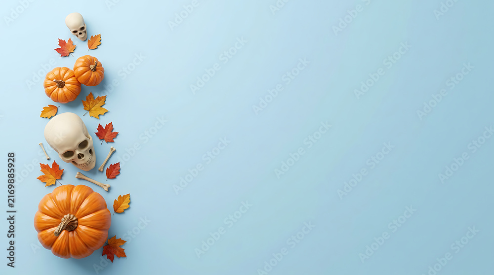 Fototapeta premium Halloween composition with pumpkins, skulls, bones and autumn leaves on a light blue background, top view with copy space for text