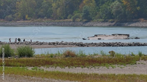 Wotan shipwreck exposed by extremely low water levels in the Danube River near Medve, Slovakia during summer drought in August 2026