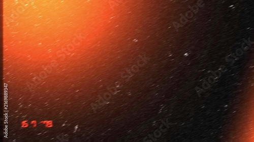 Animated fast light leak transition with warm orange film burn, dust particles, and vintage camcorder date stamp for 4K video overlays.