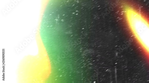 Animated fast light leak transition with bright green and red film burns and heavy dust particles for 4K video overlays.