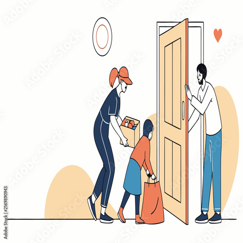 International Day of Charity Wide Banner with Family Sharing Food and Essentials with Neighbor