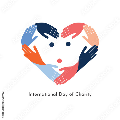 International Day of Charity Vector Banner with Multicolored Helping Hands Forming a Heart