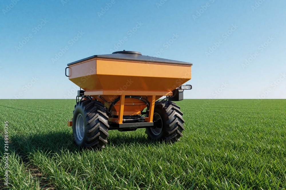 Fototapeta premium Farm equipment fertilizer spreader rests on green field under clear blue sky. Agricultural machine prepares soil for crop planting. Rural landscape with farming tech.