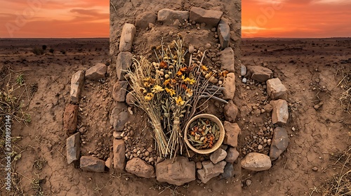 Humble grave marked with stones and dried flowers at sunset