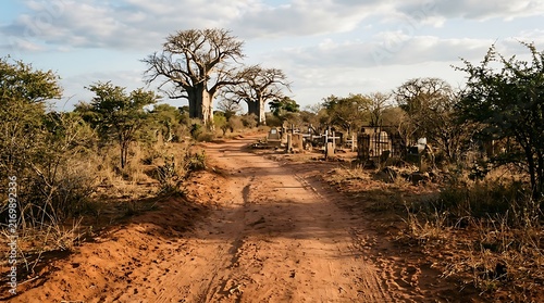 Dirt road passing by ancient baobab trees and a rural cemetery