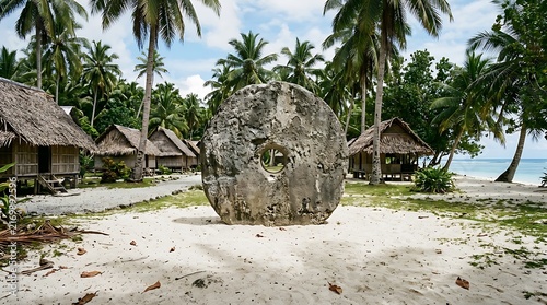 Large circular rai stone money in a tropical island village