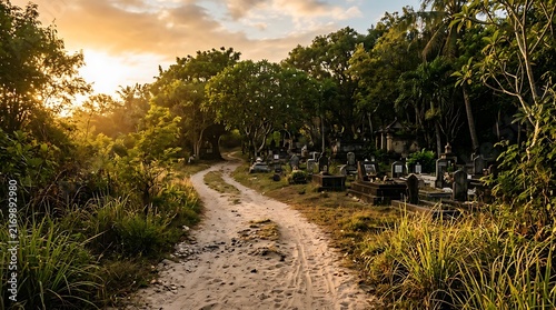 Winding dirt path through a rural cemetery at sunset