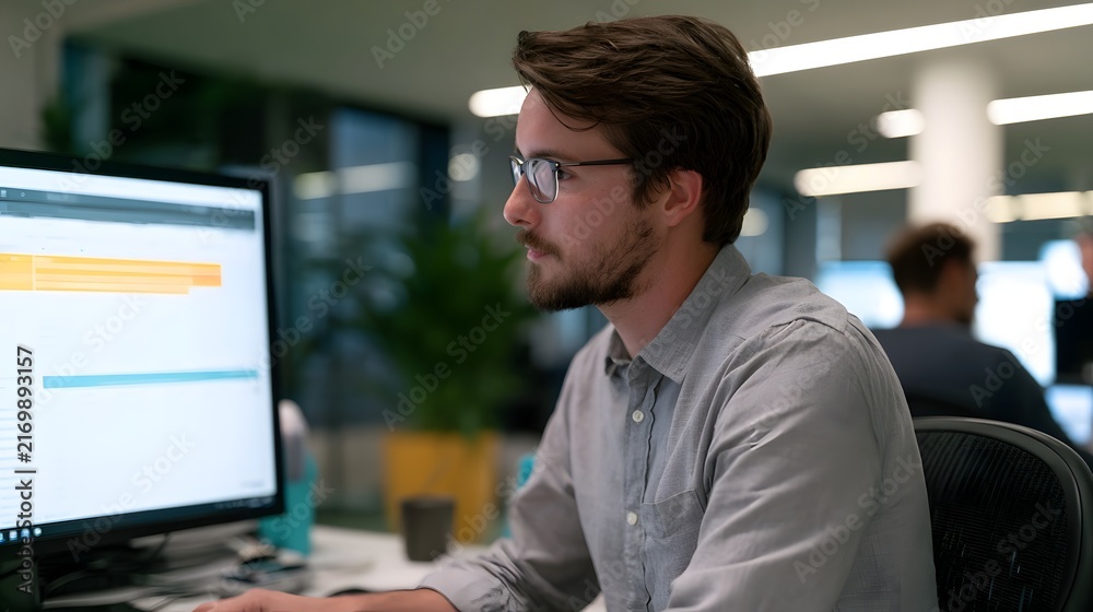 Fototapeta premium A man with glasses is focused on a computer screen in a modern office setting with soft lighting and blurred background elements