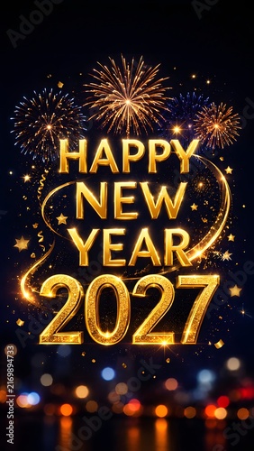 Happy new year 2027 golden text sign with bright colorful fireworks explosions in the dark night sky for festive holiday celebration greeting card design and banner background
